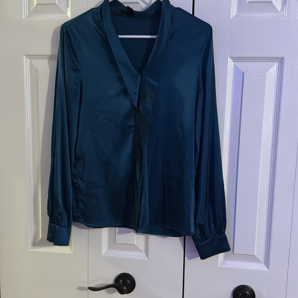 Silky greenish blue blouse.